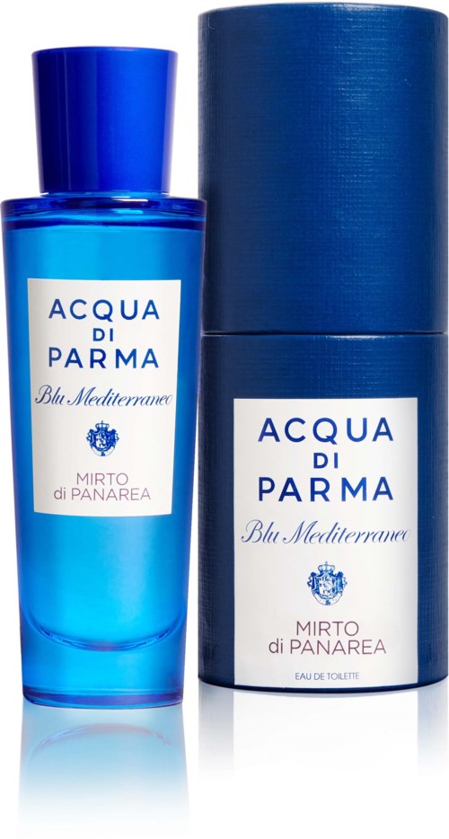 En blå parfymflaska med en matchande cylindrisk förpackning, båda märkta "Acqua di Parma Blu Mediterraneo Mirto di Panarea."