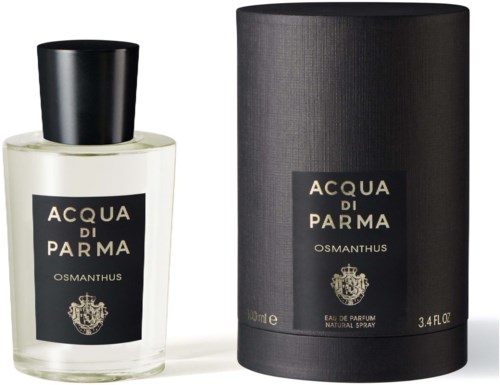Een parfumfles en doos met zwarte labels en gouden tekst, gelabeld 'Acqua di Parma Osarthus' met een wapen.