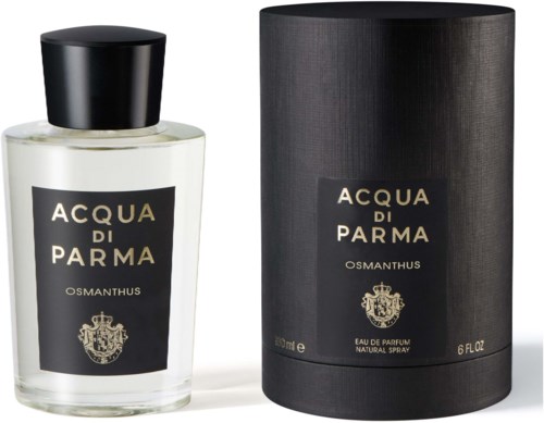 Een parfumfles met label 'Acqua di Parma Osmanthus' naast de zwarte cilindrische doos.