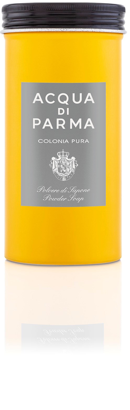 En gul behållare med svart lock, märkt "Acqua di Parma" och "Colonia Pura."