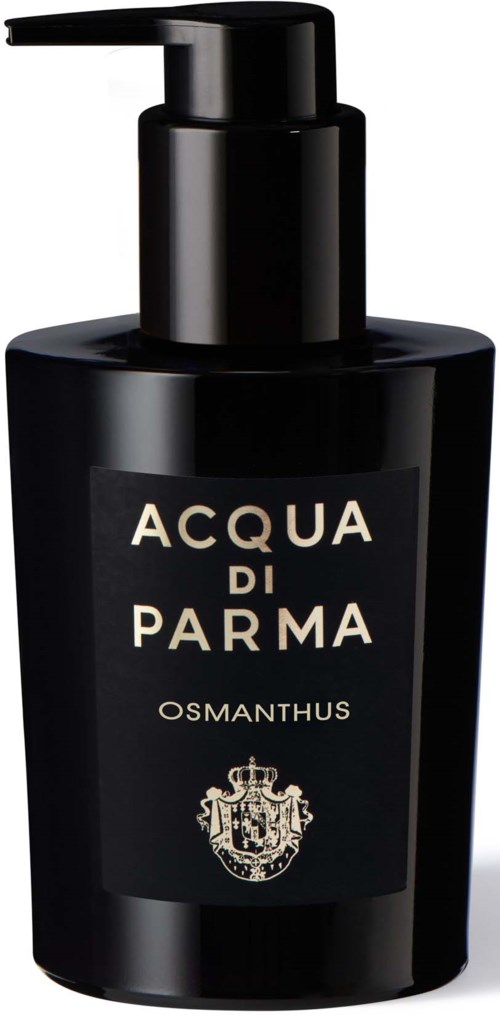 Musta pullo pumpulla, merkattu 'Acqua di Parma Osmanthus' ja koristeena vaakuna.