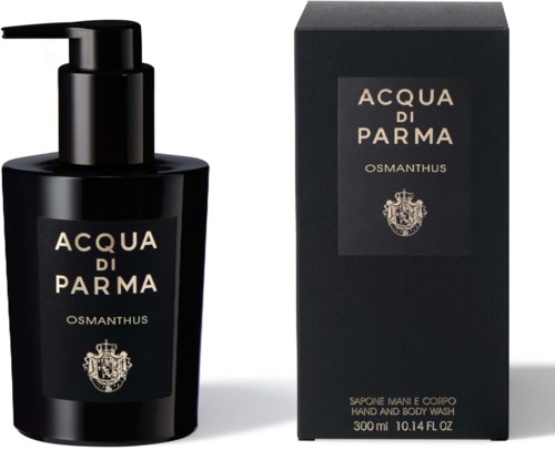 Musta käsien ja vartalonpesupullo samanvärisen mustan laatikon kanssa, molemmat merkinnällä 'Acqua di Parma Osmanthus,' 300 ml.