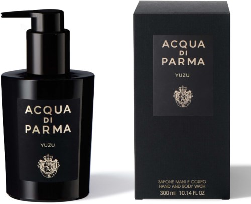 En svart pumpflaska och en matchande box för Acqua di Parma Yuzu hand- och kroppstvätt.