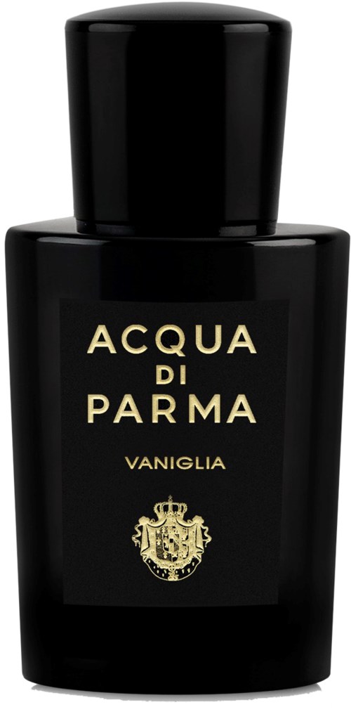 En svart flaska med guldig text som säger 'Acqua di Parma Vaniglia' och en logga längst ner.