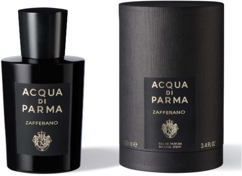 En parfyllflaska och behållare, båda svarta med guldtext, märkt 'Acqua di Parma Zafferano'.
