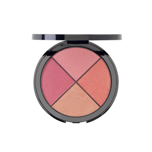 En runt makeuppalett med fyra olika nyanser av rosa, persika och korall. Små svarta linjer delar upp sektionerna.