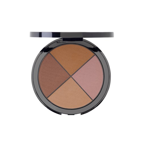 En rund makeup-palett med fyra olika nyanser av rouge eller ögonskugga. Locket är öppet och visar färgerna inuti.