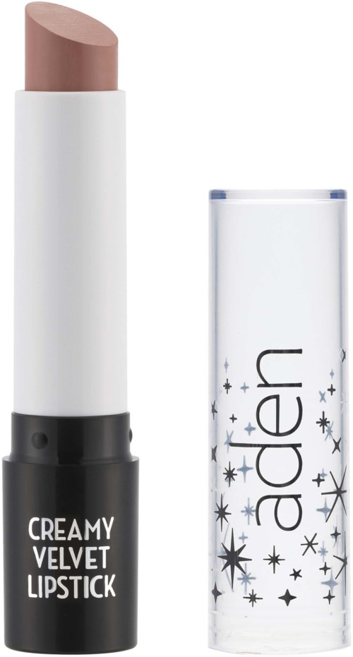 En leppebalm merket 'Creamy Velvet Lipstick' med beige farge og gjennomsiktig lokk med svart tekst og stjermønster.