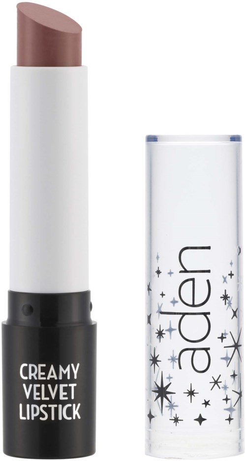 Leppefarge i brun nyanse, i hvit beholder med svart bunn merket "Creamy Velvet Lipstick."