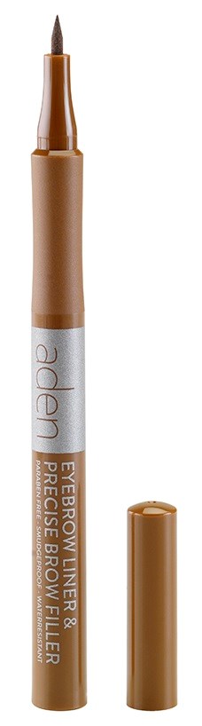 En brun og beige øyenbrynspenn med spiss tupp og lokk, merket "Aderne" for presis øyenbrynfylling.