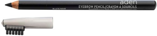 Mustapigmenttippo ja muovinen suojus. Lyhyt ja muotoiltu kulmakarvoihin. Teksti sanoo "eyebrow pencil."