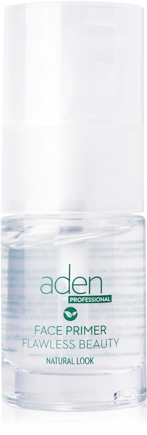 En tydlig flaska med vit pump, märkt "Aden Face Primer" för mjuk, naturlig hudfinish.