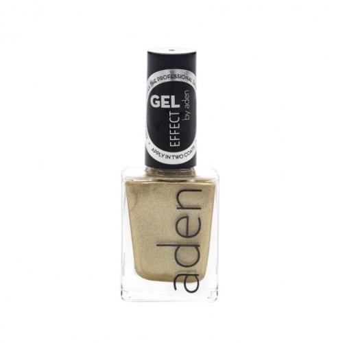 En gullfarget neglelakk i en klar flaske med svart og hvit hette, merket "gel effect" og "adn".