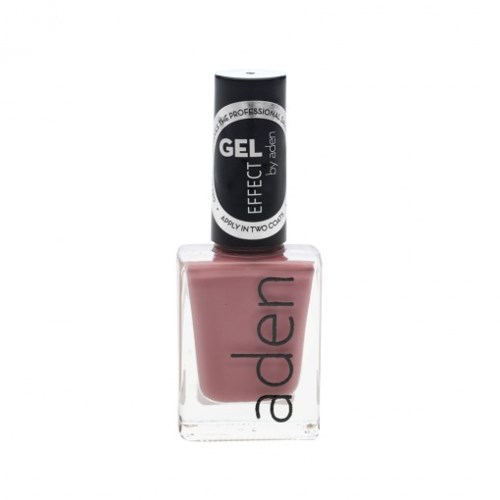 En flaske med mauve neglelakk med svart og hvitt lokk merket 'gel effect by dena'.