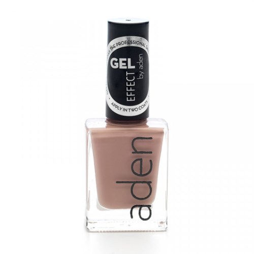 En flaske beige neglelakk med svart tekst og svart lokk merket 'GEL EFFECT' av 'Aden'.
