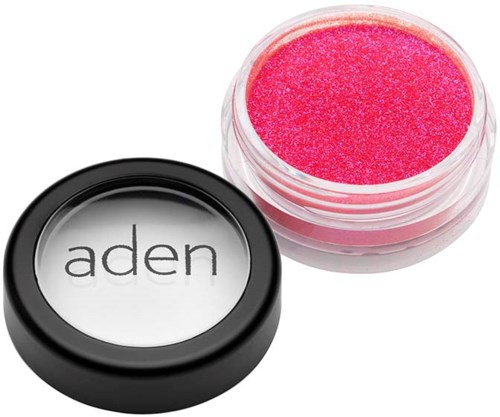 En liten rund beholder med rosa glitterøyeskygge og lokk med teksten 'aden'.