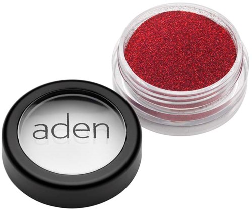 Red glitter eyeshadow in a clear round container with a black lid that says "aden."