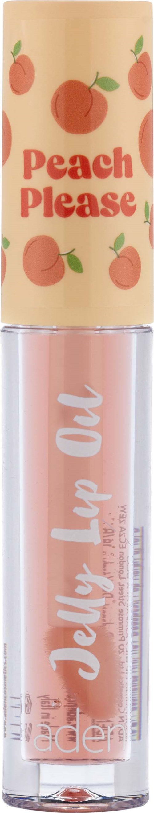 Lip gloss tube with peach design on the cap and the words 'Peach Please' and 'Juicy Lip Oil' on the body.