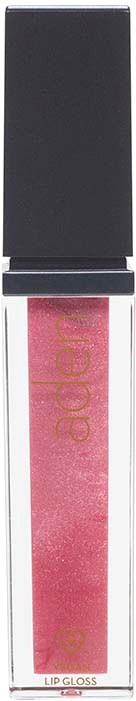 Eine Tube mit pinkem Lipgloss, schwarzem Deckel und goldener Schrift, beschriftet als Lipgloss.