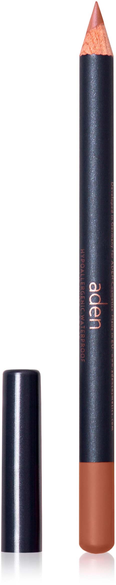 A brownish lipstick and a black pencil with a brown tip, both standing vertically.