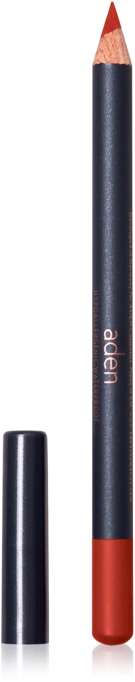 A black and red makeup or cosmetic pencil with a sharpened tip and a cap beside it.