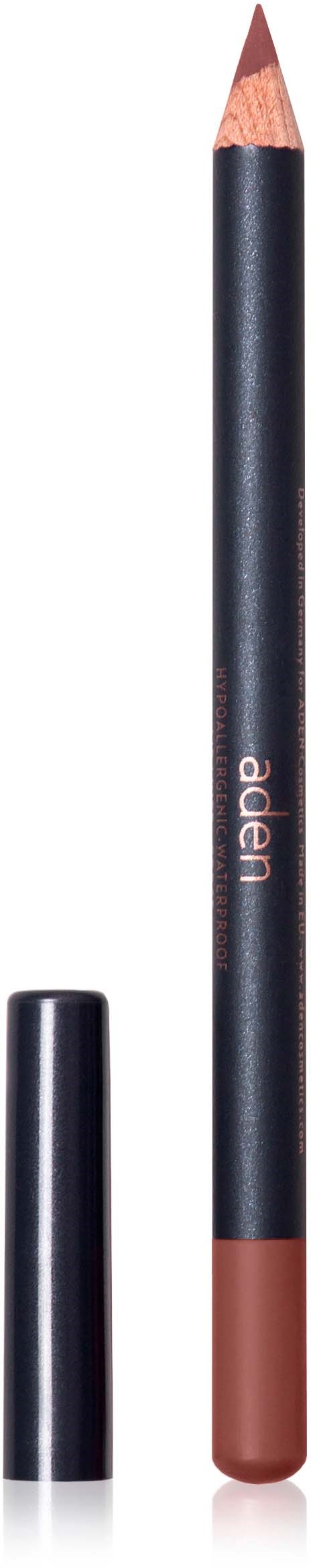 A black lip liner pencil with a brown tip, with the cap placed below it.