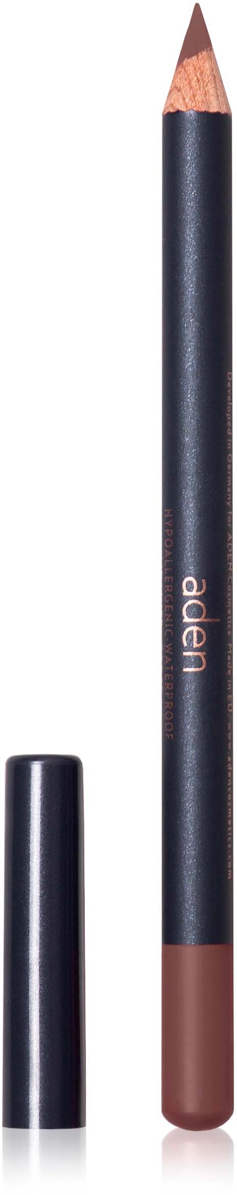 A brown lip pencil with a black body and a sharpened tip, with lid removed. The brand name 'Acer' is on it.