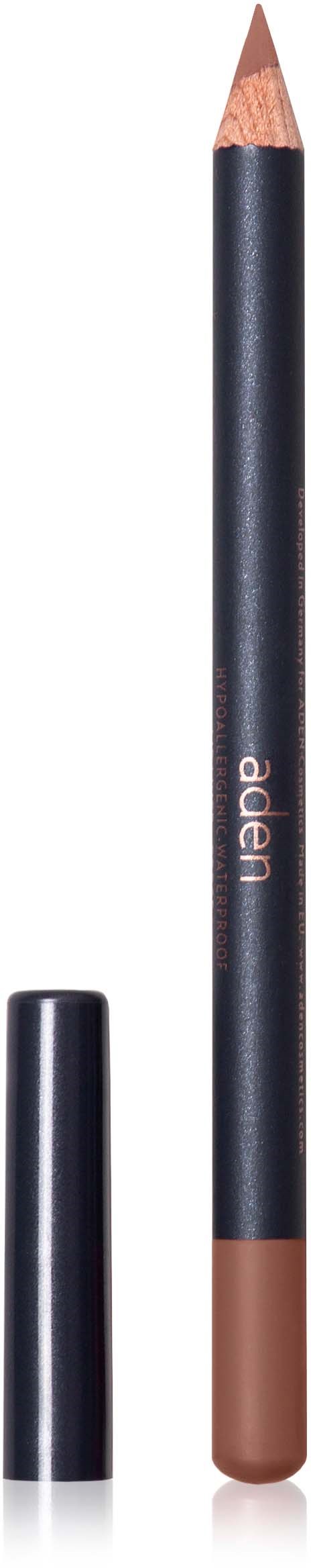 A brown pencil with a black body and a silver brand name, standing upright with its lid beside it.