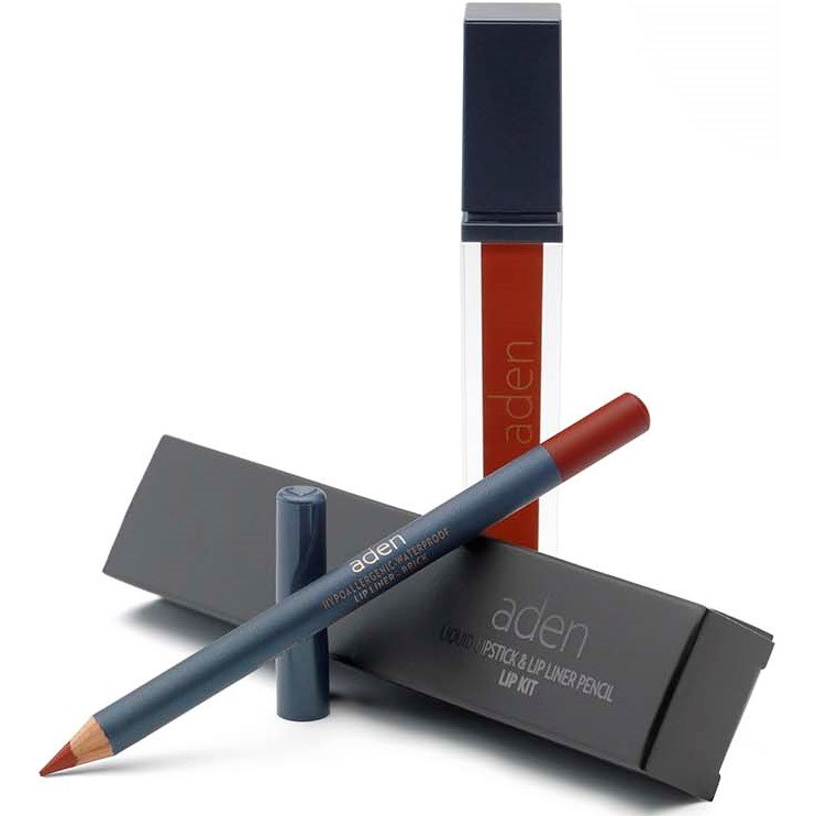 Läs mer om Aden Liquid Lipstick + Lipliner Pencil Set Brick 28