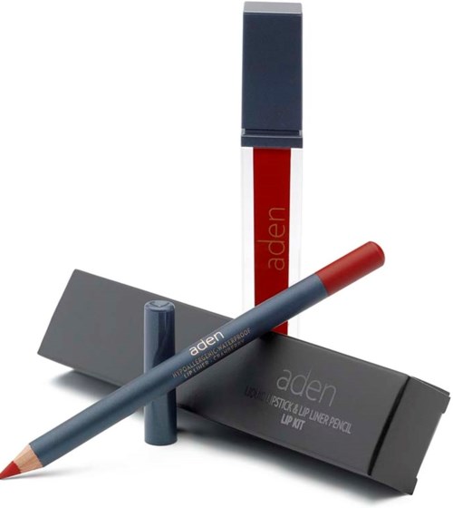 En läppenna med grått skal och röd spets, samt ett rött läppstift i ett svart och rött förpackning.
