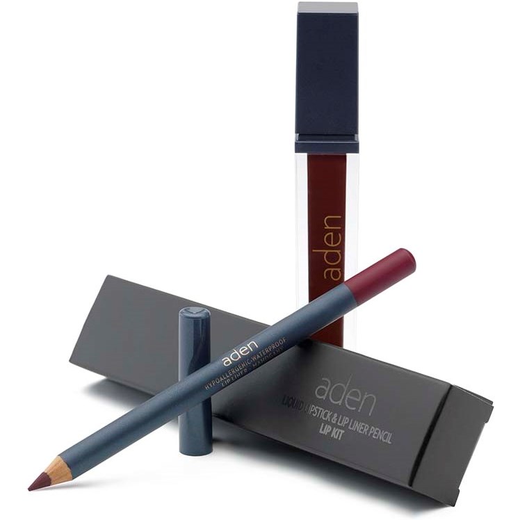 Läs mer om Aden Liquid Lipstick + Lipliner Pencil Set Mahogany 24