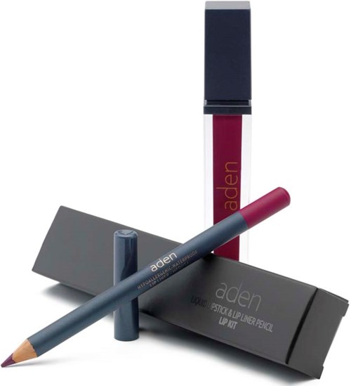 Lippen- und Augenkreisstift-Set mit grauem Bleistift, rotem Flüssiglippenstift und Lippenstiftverpackung. Alle Gegenstände sehen neu und organisiert aus.