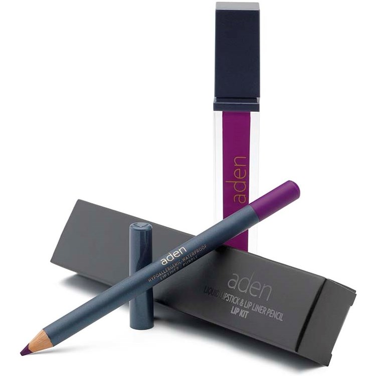 Läs mer om Aden Liquid Lipstick + Lipliner Pencil Set Purple 26