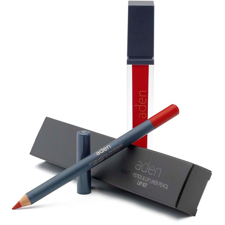 Läs mer om Aden Liquid Lipstick + Lipliner Pencil Set Russian Red 09