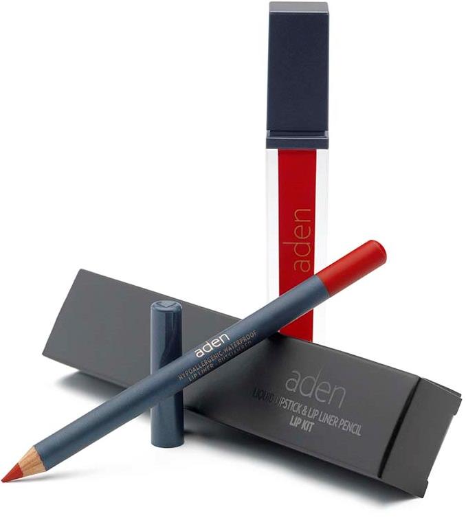ADEN Liquid Lipstick + Lipliner Pencil Set Russian Red 09 7 + 1,14 g ml