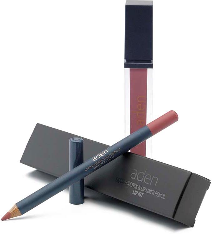 ADEN Liquid Lipstick + Lipliner Pencil Set Shell 05 7 + 1,14 g ml