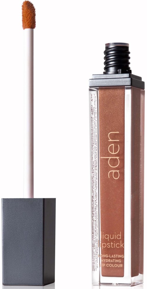 A liquid lipstick with a doe-foot applicator, in a clear tube showing medium brownish color.