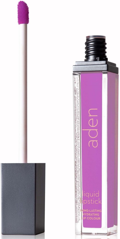 Lipstick with a purple color and its applicator ready for use.