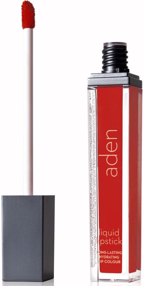 Læbestift med hvid applikator og rød beholder mærket 'aden' og 'liquid lipstick.'