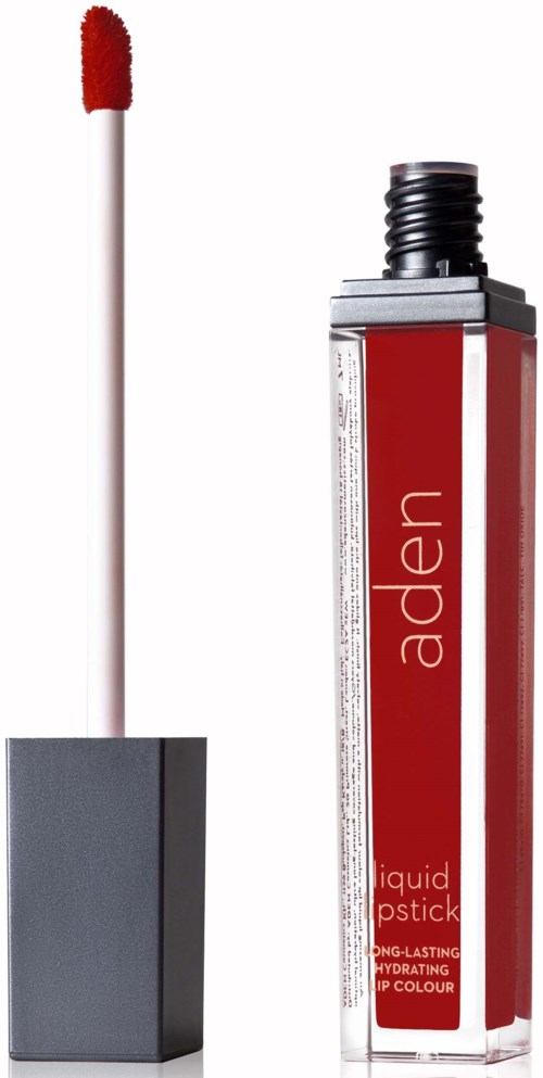 Lippenstift mit rotem Applikator und rotem Lippenstift. Markenname 'aden'.