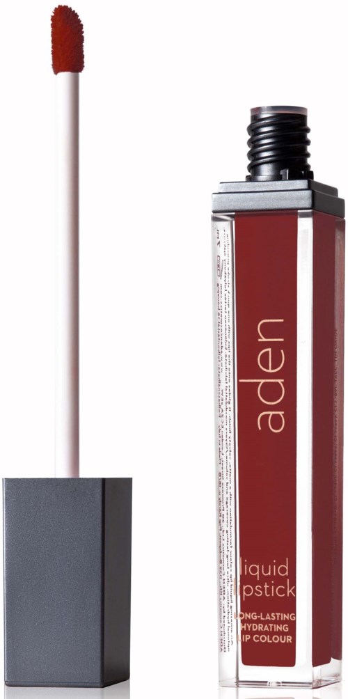 A liquid lipstick in a clear tube with a black cap and a red shade, with an applicator brush.