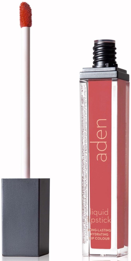 Ein flüssiger Lippenstift in rechteckiger Verpackung mit langem Applikator, beschriftet 'aden'.
