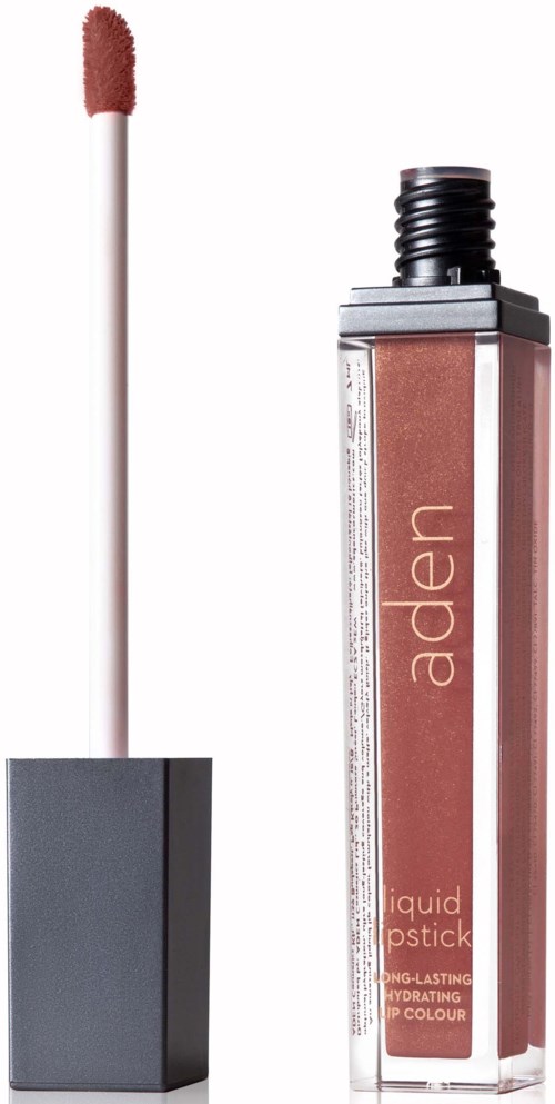 A liquid lipstick in a rectangular transparent tube with a black cap, labeled 'aden,' and a wand applicator.