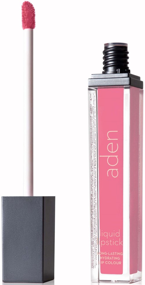 Lippenstift-Applikator und pinke Lipgloss-Flasche mit schwarzem Deckel. Die Flasche hat das Wort "aden".