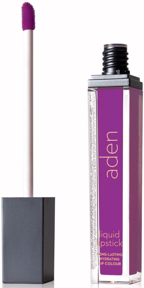 Lippenstift mit einem purple Applikator und einem purple Flüssiglippenstiftbehälter mit der Aufschrift "aden."