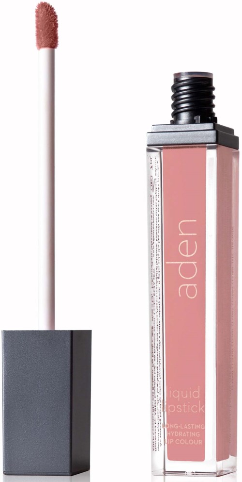 A lip gloss with a pink shade and a wand applicator. The container is rectangular and clear, showing the color.