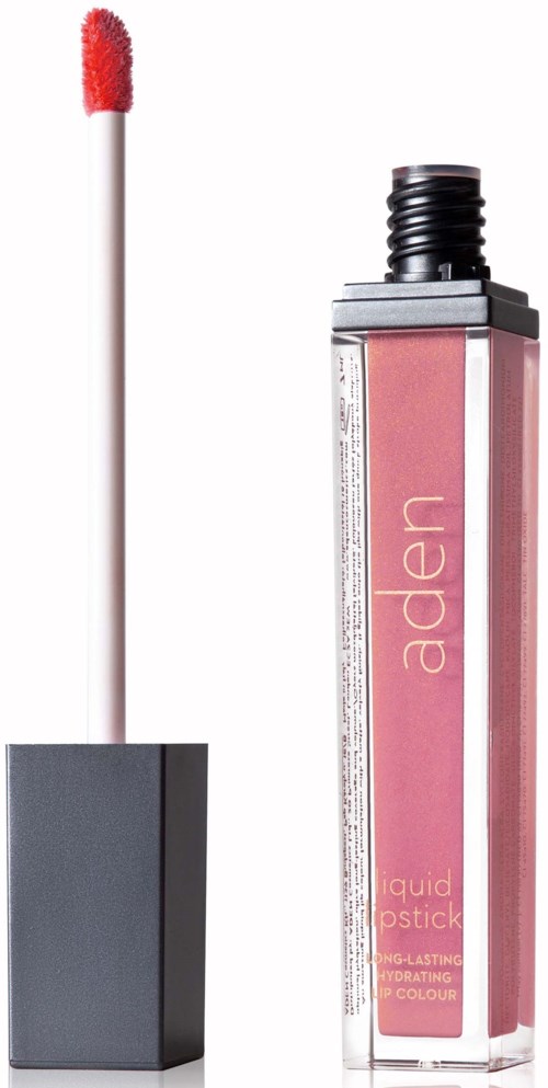 A liquid lipstick bottle with a pink shade, and a doe-foot applicator with red lipstick on it.