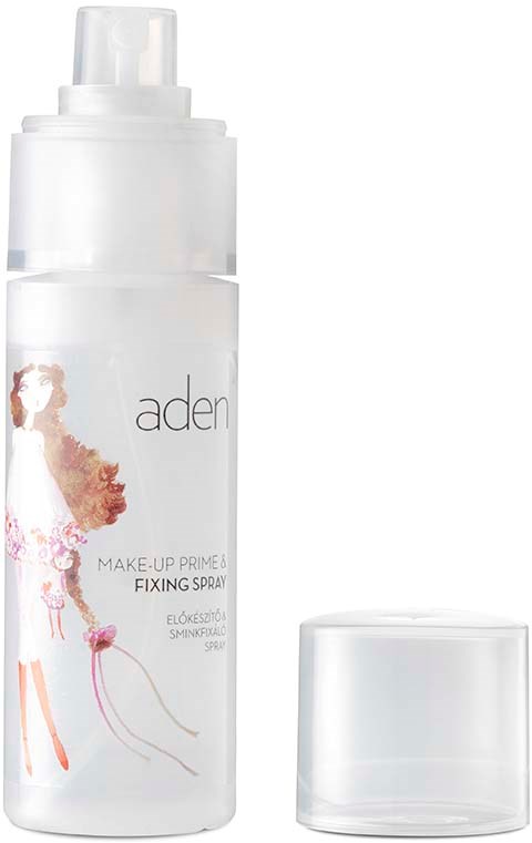 En vit sprayflaska märkt "aden" med en flicka och rosa blommor, används för att fixera smink.