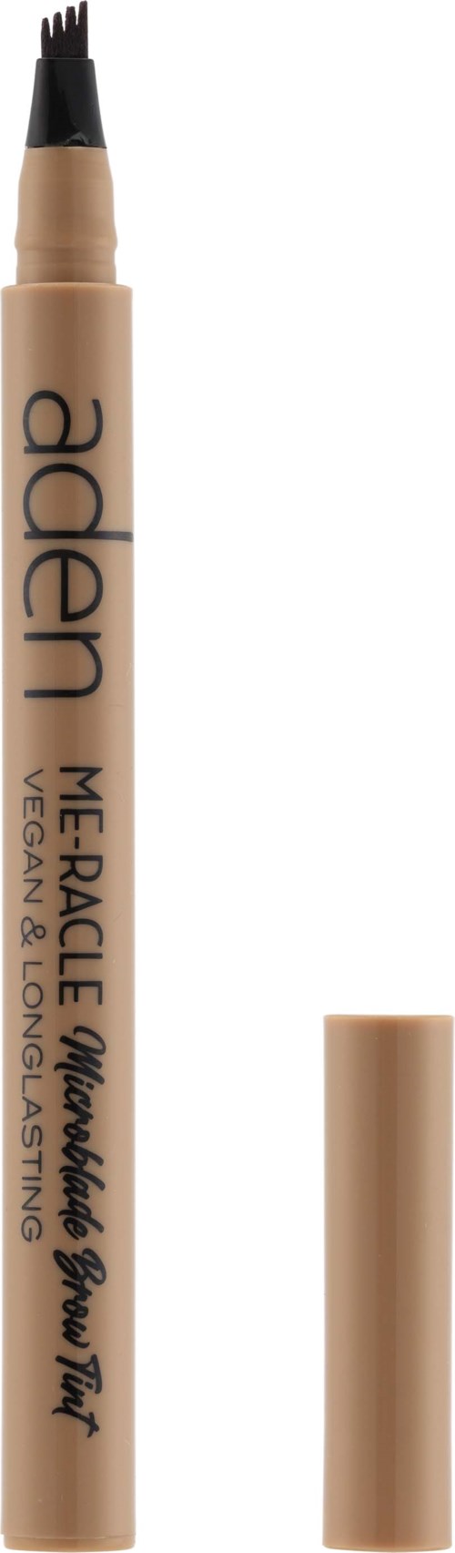 En beige eyelinerpenna med svart spets och text, och en lock placerad bredvid.