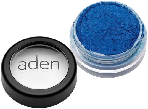 A small jar with bright blue face powder, and a lid with the brand name "aden" on it.